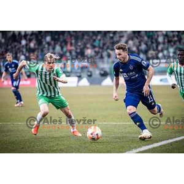 Justas Lasickas vs Jan Repas in action during Prva liga Telemach football match between Maribor and Olimpija in Ljudski vrt, Maribor, Slovenia on February 19, 2023. Photo: Jure Banfi
