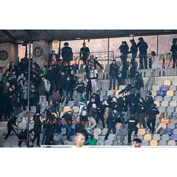 Green Dragons clash with police during Prva liga Telemach football match between Maribor and Olimpija in Ljudski vrt, Maribor, Slovenia on February 19, 2023. Photo: Jure Banfi