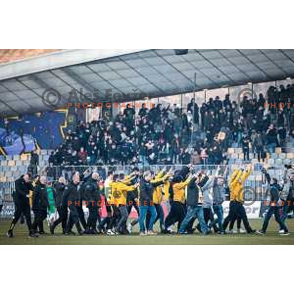 Security shielding referees during Prva liga Telemach football match between Maribor and Olimpija in Ljudski vrt, Maribor, Slovenia on February 19, 2023. Photo: Jure Banfi