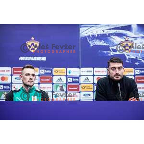 Timi Max Elsnik and Albert Riera, head coach of Olimpija at the press conference after Prva liga Telemach football match between Maribor and Olimpija in Ljudski vrt, Maribor, Slovenia on February 19, 2023. Photo: Jure Banfi