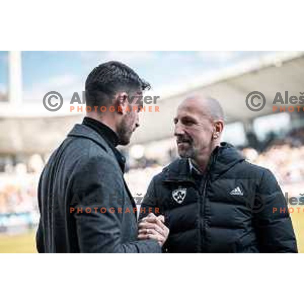 Albert Riera, head coach of Olimpija and Damir Krznar, head coach of Maribor during Prva liga Telemach football match between Maribor and Olimpija in Ljudski vrt, Maribor, Slovenia on February 19, 2023. Photo: Jure Banfi