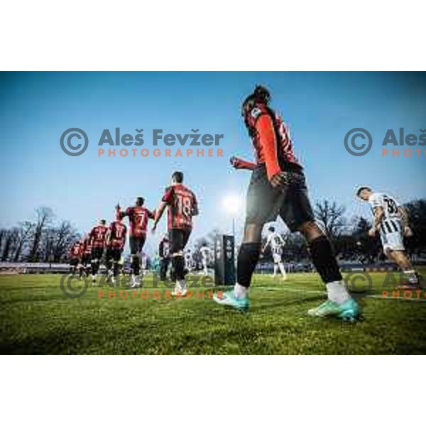 Players of Tabor Sezana and Mura entering pitch during Prva liga Telemach football match between Mura and Tabor Sezana in Fazanerija, Murska Sobota, Slovenia on February 21, 2023. Photo: Jure Banfi