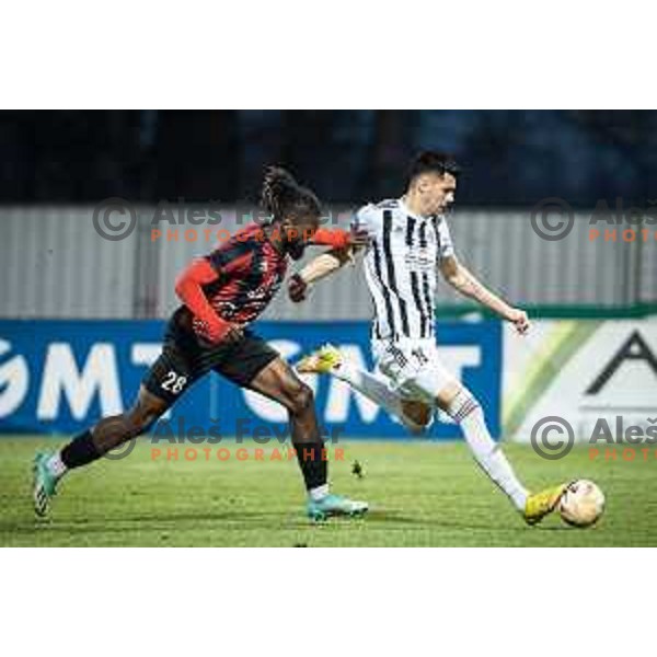 Thaddee Oded Kaleba vs Mirlind Daku in action during Prva liga Telemach football match between Mura and Tabor Sezana in Fazanerija, Murska Sobota, Slovenia on February 21, 2023. Photo: Jure Banfi