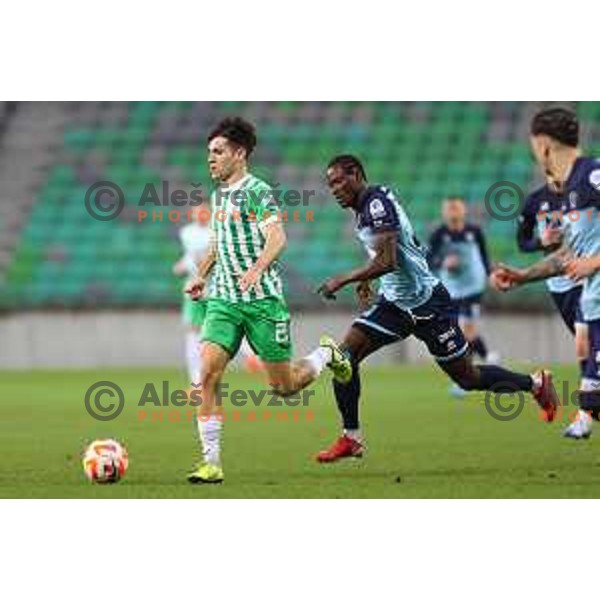 Ivan Posavec of Olimpija and Ahmed Awua Ankrah of Gorica during Prva Liga Telemach 2022-2023 football match between Olimpija and Gorica in SRC Stozice, Ljubljana, Slovenia on February 22, 2023