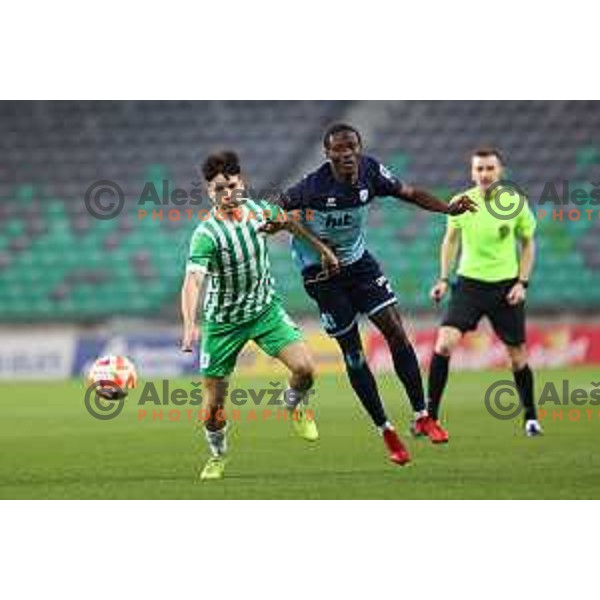 Ivan Posavec of Olimpija and Ahmed Awua Ankrah of Gorica during Prva Liga Telemach 2022-2023 football match between Olimpija and Gorica in SRC Stozice, Ljubljana, Slovenia on February 22, 2023