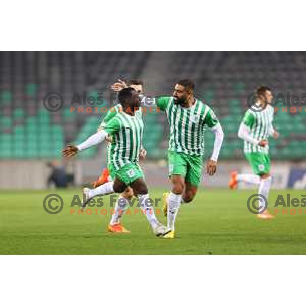 Aldair Adulai Djalo Balde and David de Senna Fernandes Sualehe of Olimpija celebrate a goal during Prva Liga Telemach 2022-2023 football match between Olimpija and Gorica in SRC Stozice, Ljubljana, Slovenia on February 22, 2023