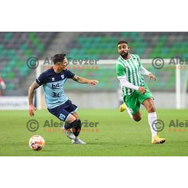 Alen Krajnc of Gorica and David de Senna Fernandes Sualehe of Olimpija during Prva Liga Telemach 2022-2023 football match between Olimpija and Gorica in SRC Stozice, Ljubljana, Slovenia on February 22, 2023