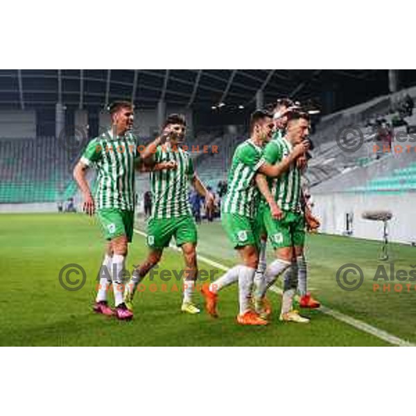 Mario Kvesic of Olimpija celebrates a goal during Prva Liga Telemach 2022-2023 football match between Olimpija and Gorica in SRC Stozice, Ljubljana, Slovenia on February 22, 2023