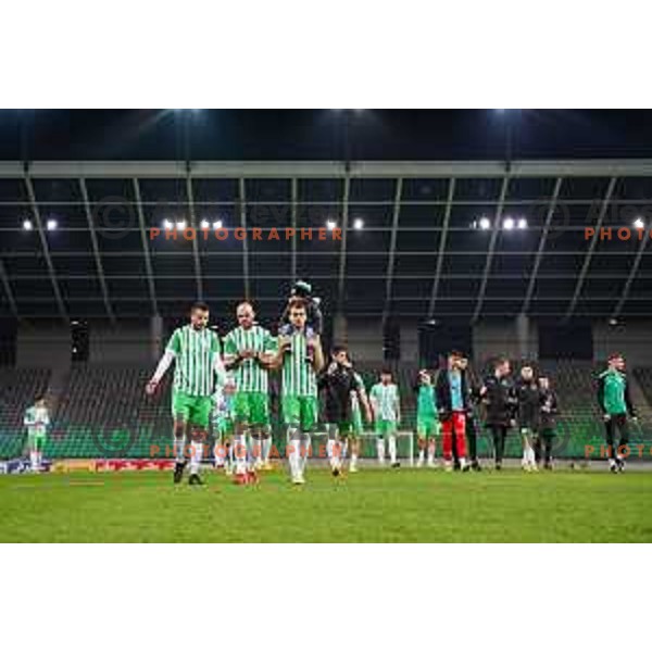 Djordje Crnomarkovic, Goran Milovic and Mustafa Nukic of Olimpija greet home fans after Prva Liga Telemach 2022-2023 football match between Olimpija and Gorica in SRC Stozice, Ljubljana, Slovenia on February 22, 2023