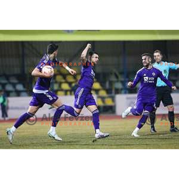 Zan Vipotnik celebrates a goal during Prva Liga Telemach 2022-2023 football match between Domzale and Maribor in Sportni park Domzale, Domzale, Slovenia on February 23, 2023