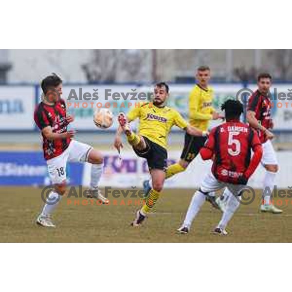 Sacha Boris Roger Marasovic of Tabor Sezana and Francesco Tahiraj of Kalcer Radomlje during Prva Liga Telemach 2022-2023 football match between Kalcer Radomlje and Tabor Sezana in Sportni park Domzale, Domzale, Slovenia on February 25, 2023