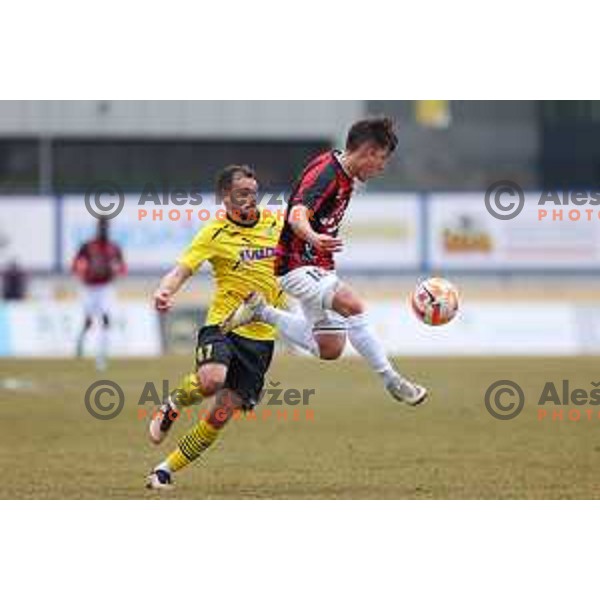 Sacha Boris Roger Marasovic of Tabor Sezana and Francesco Tahiraj of Kalcer Radomlje during Prva Liga Telemach 2022-2023 football match between Kalcer Radomlje and Tabor Sezana in Sportni park Domzale, Domzale, Slovenia on February 25, 2023
