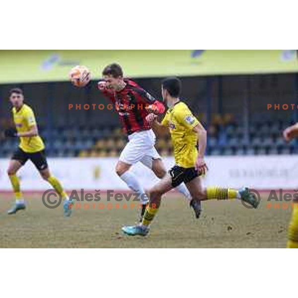 of Tabor Sezana and Mario Cuic of Kalcer Radomlje during Prva Liga Telemach 2022-2023 football match between Kalcer Radomlje and Tabor Sezana in Sportni park Domzale, Domzale, Slovenia on February 25, 2023