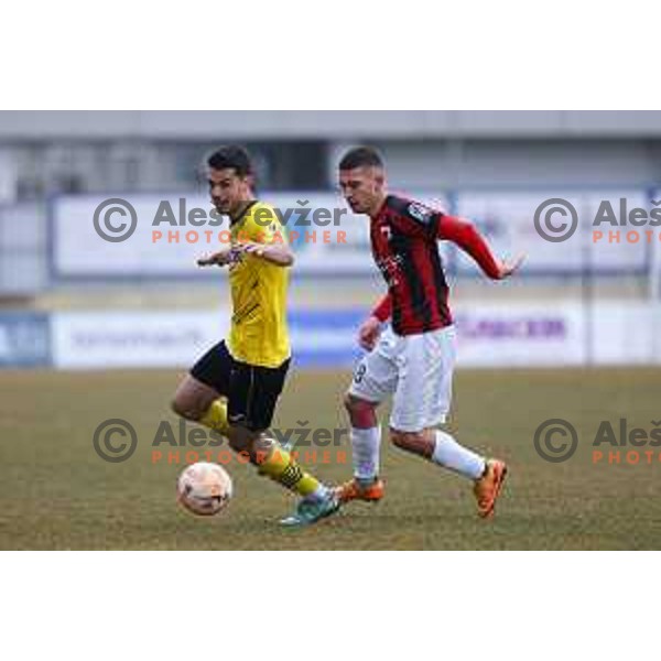 Mario Cuic of Kalcer Radomlje and Alen Korosec of Tabor Sezana during Prva Liga Telemach 2022-2023 football match between Kalcer Radomlje and Tabor Sezana in Sportni park Domzale, Domzale, Slovenia on February 25, 2023