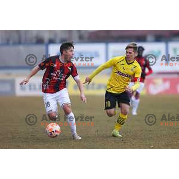 Sacha Boris Roger Marasovic of Tabor Sezana and Luka Cerar of Kalcer Radomlje during Prva Liga Telemach 2022-2023 football match between Kalcer Radomlje and Tabor Sezana in Sportni park Domzale, Domzale, Slovenia on February 25, 2023