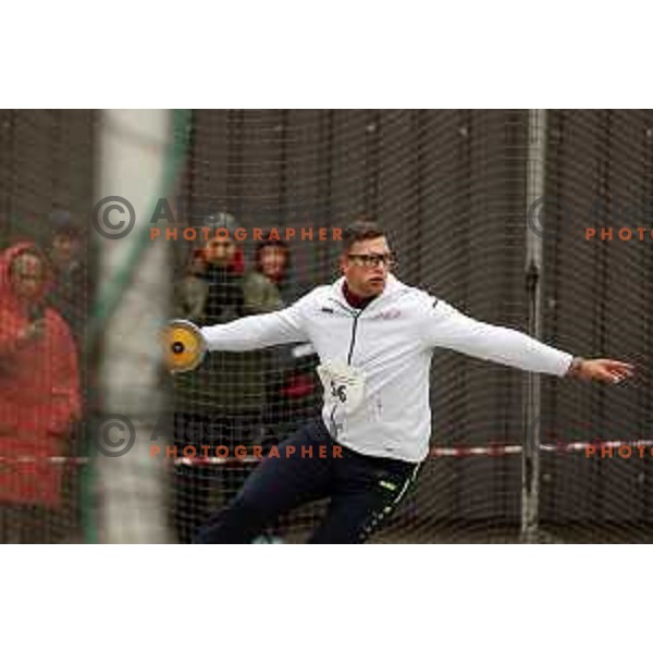 Kristjan Ceh competes in discus throw at Slovenian Winter Athletics Championship in Dozmale, Slovenia on February 26, 2023