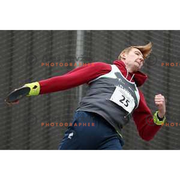 Kristjan Ceh competes in discus throw at Slovenian Winter Athletics Championship in Dozmale, Slovenia on February 26, 2023