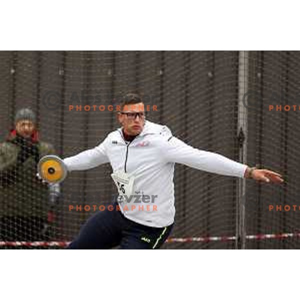 Kristjan Ceh competes in discus throw at Slovenian Winter Athletics Championship in Dozmale, Slovenia on February 26, 2023