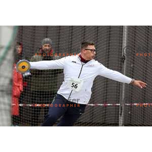 Kristjan Ceh competes in discus throw at Slovenian Winter Athletics Championship in Dozmale, Slovenia on February 26, 2023