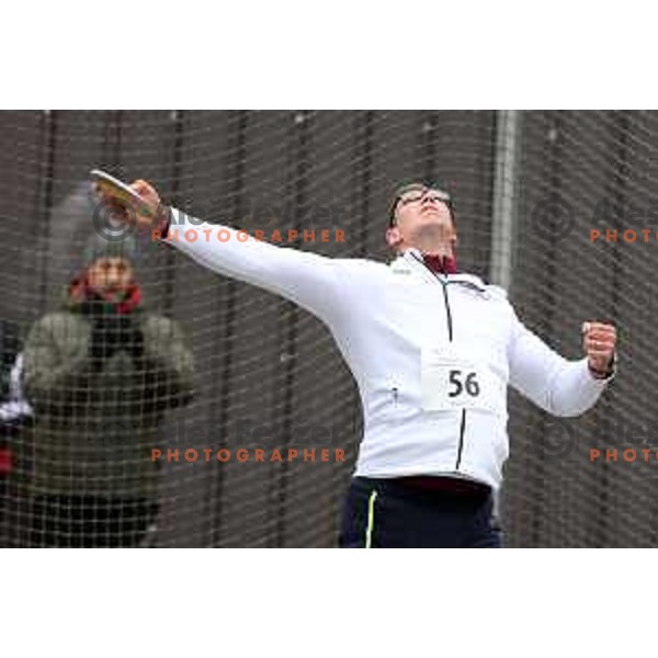 Kristjan Ceh competes in discus throw at Slovenian Winter Athletics Championship in Dozmale, Slovenia on February 26, 2023