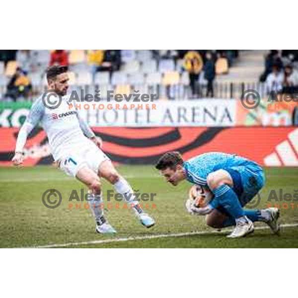 Aljosa Matko vs Azbe Jug in action during Prva liga Telemach football match between Maribor and Celje in Ljudski vrt, Maribor, Slovenia on February 26, 2023. Photo: Jure Banfi