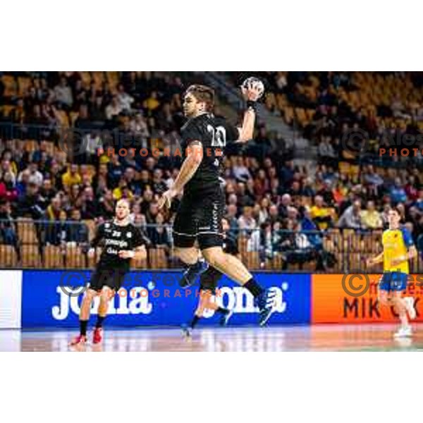Jernej Drobez in action during 1.NLB league handball match between Celje Pivovarna Lasko and Gorenje Velenje in Arena Zlatorog, Celje, Slovenia on February 26, 2023