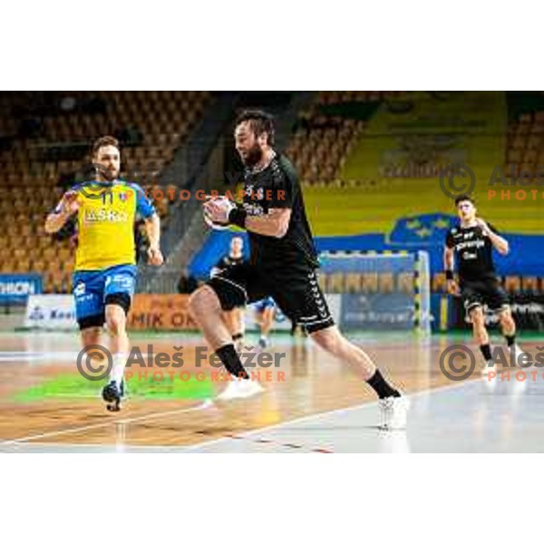 Matic Verdinek in action during 1.NLB league handball match between Celje Pivovarna Lasko and Gorenje Velenje in Arena Zlatorog, Celje, Slovenia on February 26, 2023