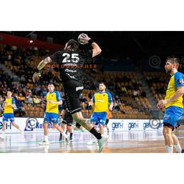Matic Verdinek in action during 1.NLB league handball match between Celje Pivovarna Lasko and Gorenje Velenje in Arena Zlatorog, Celje, Slovenia on February 26, 2023