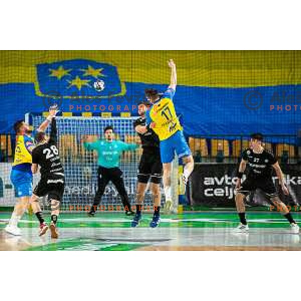 Ante Ivankovic in action during 1.NLB league handball match between Celje Pivovarna Lasko and Gorenje Velenje in Arena Zlatorog, Celje, Slovenia on February 26, 2023