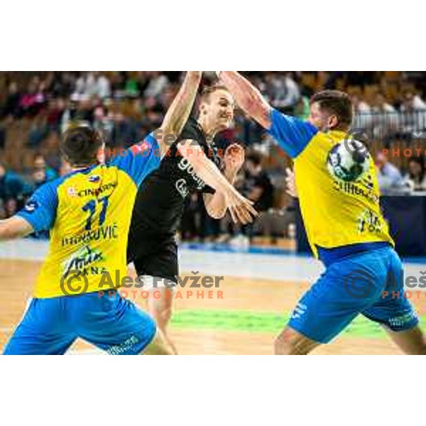 Domen Tajnik in action during 1.NLB league handball match between Celje Pivovarna Lasko and Gorenje Velenje in Arena Zlatorog, Celje, Slovenia on February 26, 2023