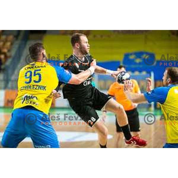 Timotej Grmsek in action during 1.NLB league handball match between Celje Pivovarna Lasko and Gorenje Velenje in Arena Zlatorog, Celje, Slovenia on February 26, 2023