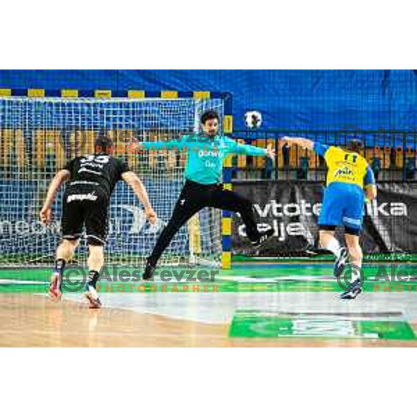 Matevz Skok in action during 1.NLB league handball match between Celje Pivovarna Lasko and Gorenje Velenje in Arena Zlatorog, Celje, Slovenia on February 26, 2023