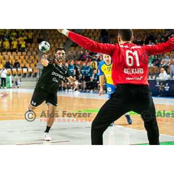 in action during 1.NLB league handball match between Celje Pivovarna Lasko and Gorenje Velenje in Arena Zlatorog, Celje, Slovenia on February 26, 2023