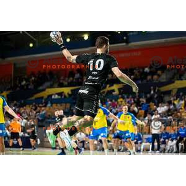 Urban Pipp in action during 1.NLB league handball match between Celje Pivovarna Lasko and Gorenje Velenje in Arena Zlatorog, Celje, Slovenia on February 26, 2023