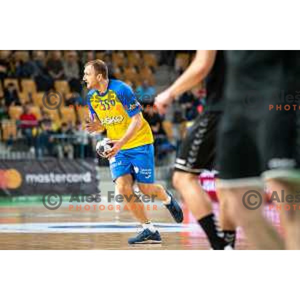Ziga Mlakar in action during 1.NLB league handball match between Celje Pivovarna Lasko and Gorenje Velenje in Arena Zlatorog, Celje, Slovenia on February 26, 2023