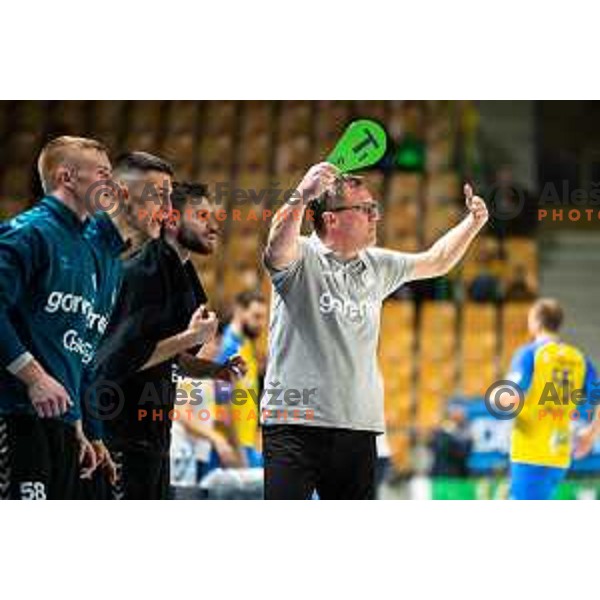 Zoran Jovicic, head coach of Gorenje in action during 1.NLB league handball match between Celje Pivovarna Lasko and Gorenje Velenje in Arena Zlatorog, Celje, Slovenia on February 26, 2023