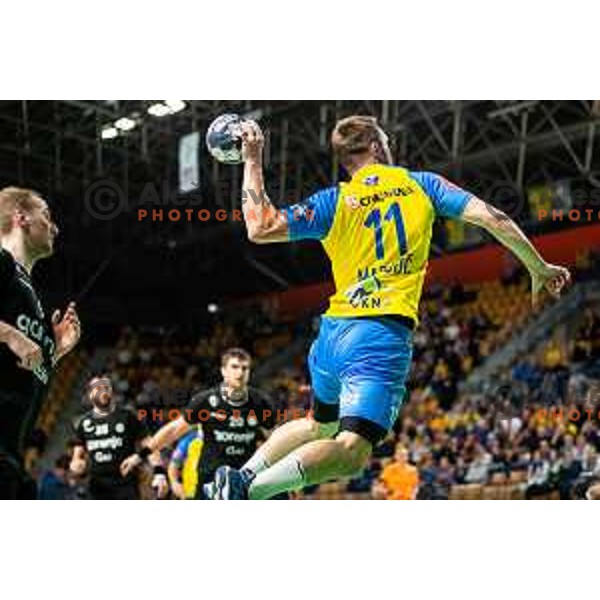 Gal Marguc in action during 1.NLB league handball match between Celje Pivovarna Lasko and Gorenje Velenje in Arena Zlatorog, Celje, Slovenia on February 26, 2023