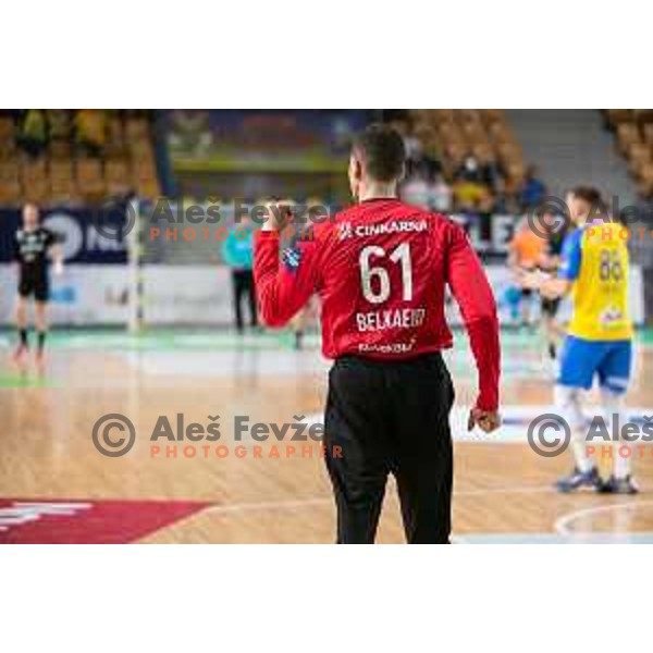 Yassine Belkaied in action during 1.NLB league handball match between Celje Pivovarna Lasko and Gorenje Velenje in Arena Zlatorog, Celje, Slovenia on February 26, 2023