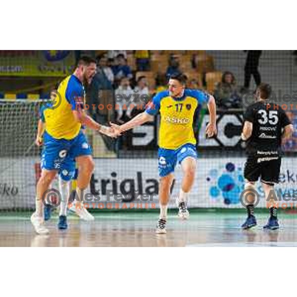 Ante Ivankovic in action during 1.NLB league handball match between Celje Pivovarna Lasko and Gorenje Velenje in Arena Zlatorog, Celje, Slovenia on February 26, 2023