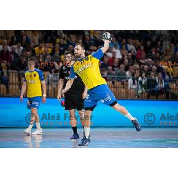 Gal Marguc in action during 1.NLB league handball match between Celje Pivovarna Lasko and Gorenje Velenje in Arena Zlatorog, Celje, Slovenia on February 26, 2023