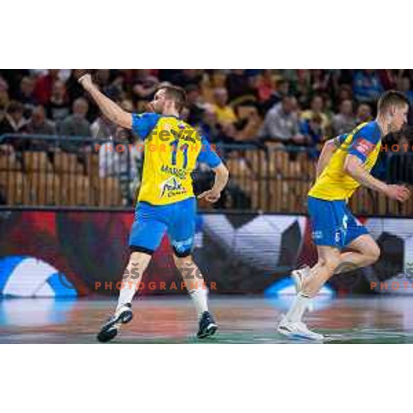 Gal Marguc in action during 1.NLB league handball match between Celje Pivovarna Lasko and Gorenje Velenje in Arena Zlatorog, Celje, Slovenia on February 26, 2023