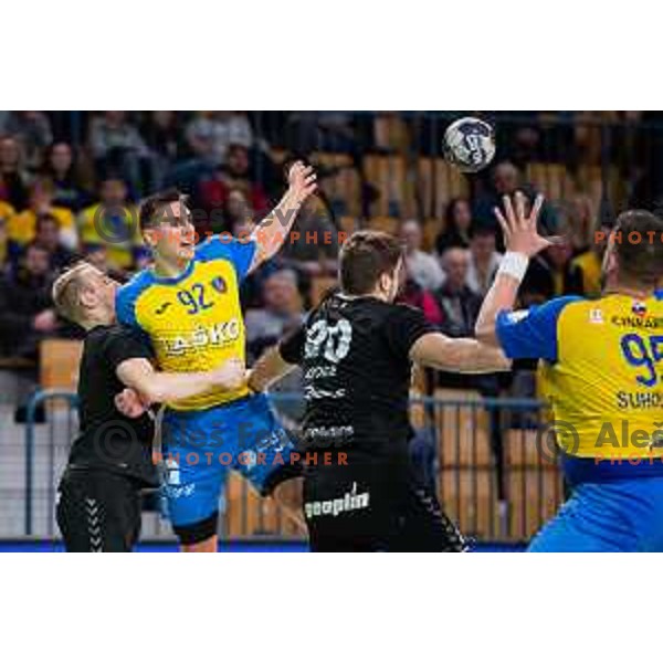 Patrik Martinovic in action during 1.NLB league handball match between Celje Pivovarna Lasko and Gorenje Velenje in Arena Zlatorog, Celje, Slovenia on February 26, 2023