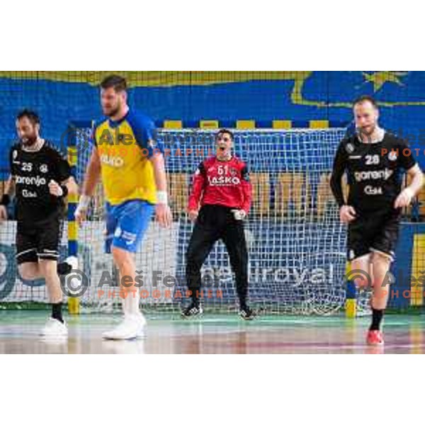 Yassine Belkaied in action during 1.NLB league handball match between Celje Pivovarna Lasko and Gorenje Velenje in Arena Zlatorog, Celje, Slovenia on February 26, 2023