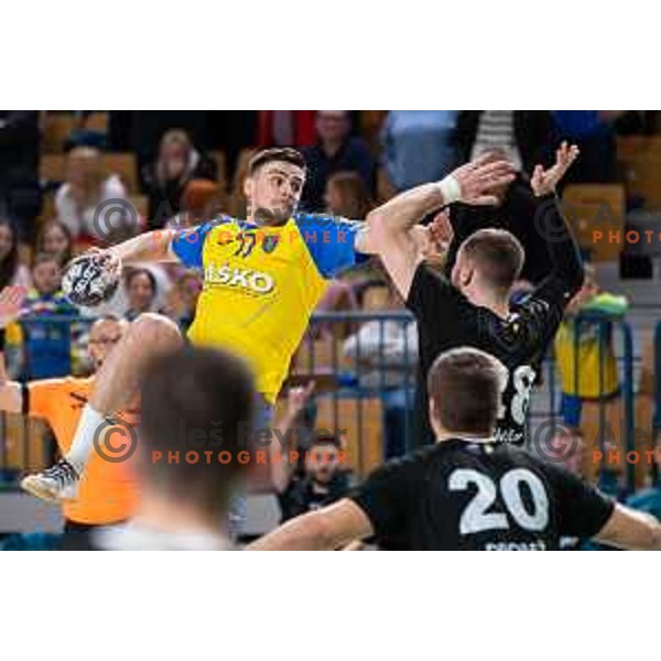 Ante Ivankovic in action during 1.NLB league handball match between Celje Pivovarna Lasko and Gorenje Velenje in Arena Zlatorog, Celje, Slovenia on February 26, 2023