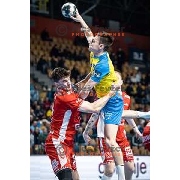 Tilen Strmljan in action during EHF Champions League handball match between Celje PL and Aalborg in Dvorana Zlatorog, Celje, Slovenia on March 1, 2023. Photo: Jure Banfi