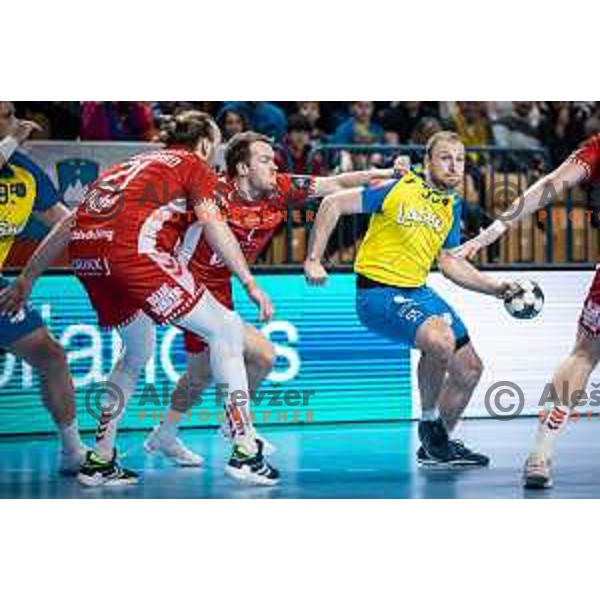 Ziga Mlakar in action during EHF Champions League handball match between Celje PL and Aalborg in Dvorana Zlatorog, Celje, Slovenia on March 1, 2023. Photo: Jure Banfi