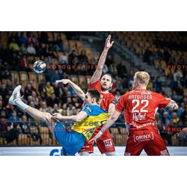 Tilen Strmljan in action during EHF Champions League handball match between Celje PL and Aalborg in Dvorana Zlatorog, Celje, Slovenia on March 1, 2023. Photo: Jure Banfi