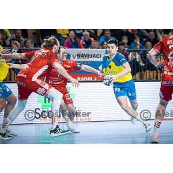 Tilen Strmljan in action during EHF Champions League handball match between Celje PL and Aalborg in Dvorana Zlatorog, Celje, Slovenia on March 1, 2023. Photo: Jure Banfi