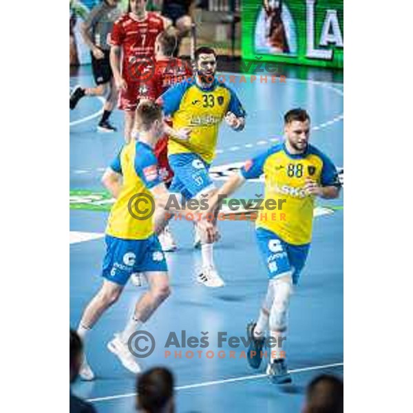 Stefan Zabic in action during EHF Champions League handball match between Celje PL and Aalborg in Dvorana Zlatorog, Celje, Slovenia on March 1, 2023. Photo: Jure Banfi