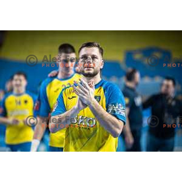 Aleks Vlah in action during EHF Champions League handball match between Celje PL and Aalborg in Dvorana Zlatorog, Celje, Slovenia on March 1, 2023. Photo: Jure Banfi